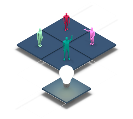 Figures facing an idea lightbulb