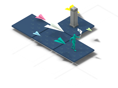 A figure holding a flag leading paper aeroplanes